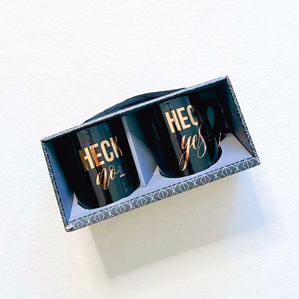 3/$25 Ten Strawberry Street Heck Yes & No Coffee Mug Cup Black Gold Matching Set